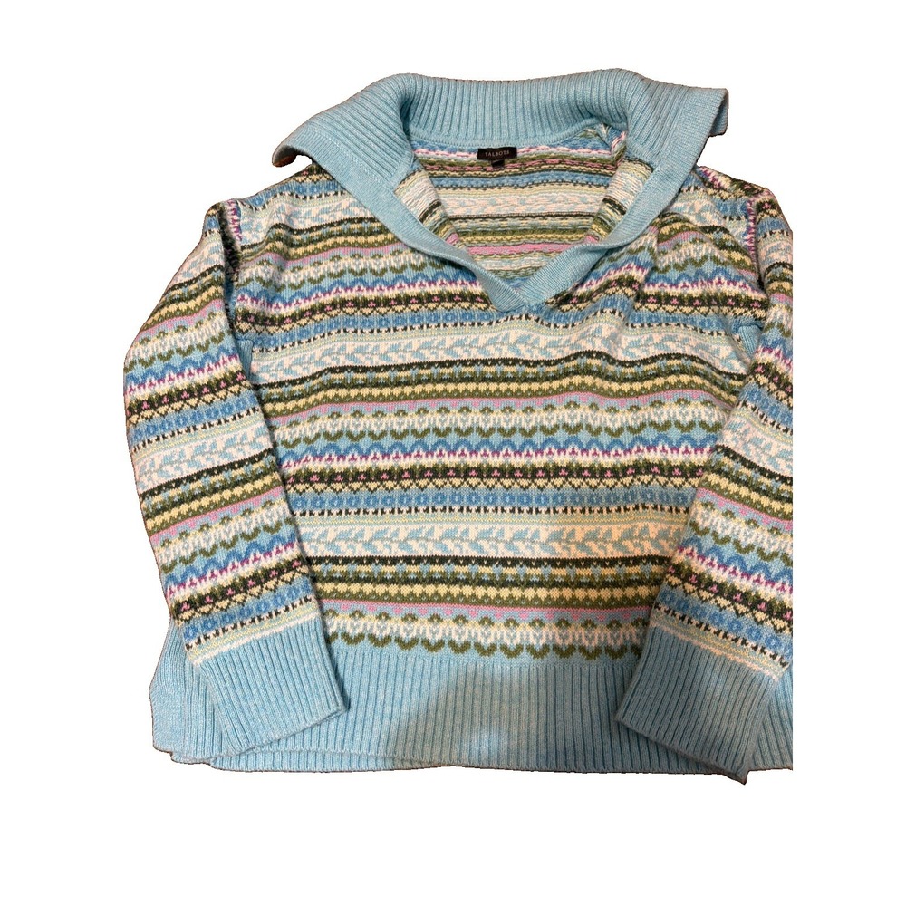Talbots Fireside Fair Isle Johnny Collar Sweater M Petite Winter Preppy Casual
